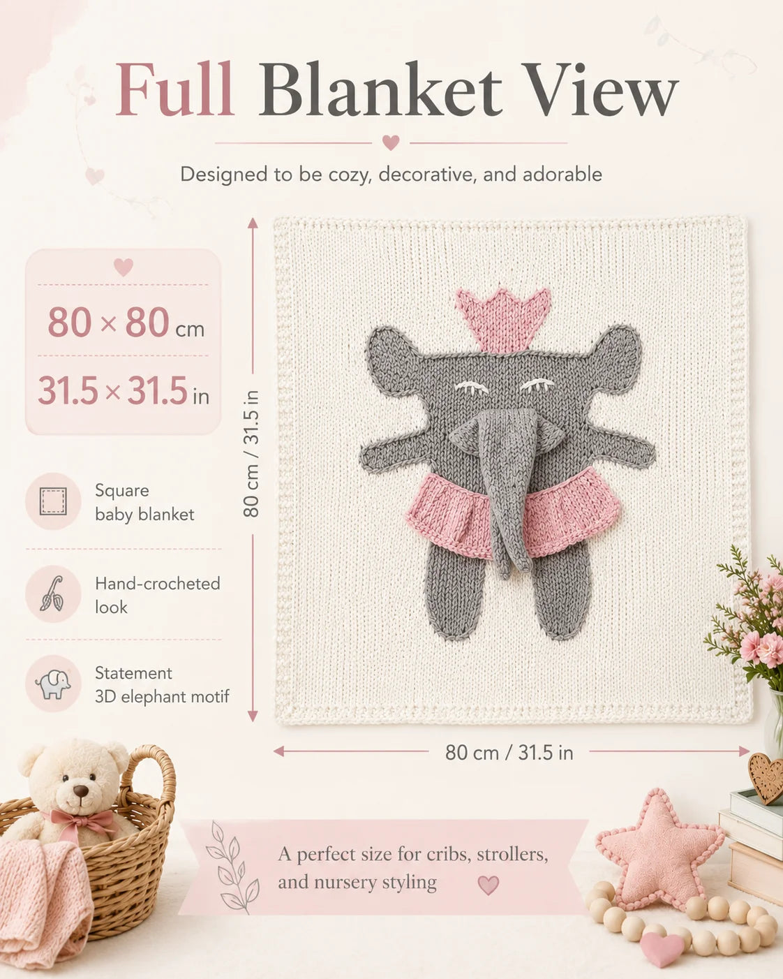 Handmade Elephant Baby Blanket 80x80cm Soft Knitted Nursery Blanket for Newborn Stroller Crib Baby Shower Gift