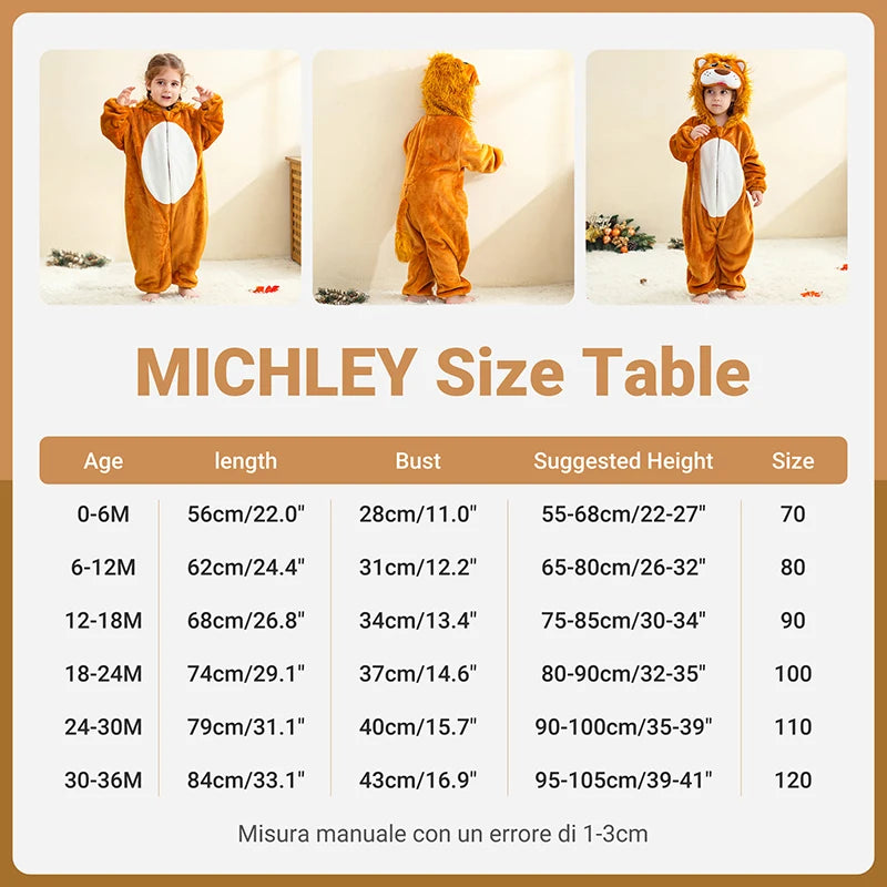 MICHLEY Monkey Lion Capybara Baby Rompers Clothes Hooded Flannel Cosplay Toddler Pajamas Bodysuit Jumpsuit Costume For Kid Boy