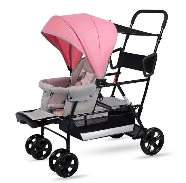 Lightweight Tandem Stroller, Back Seat Can Load 2-5 Ages Kids, Foldable Twins Stroller Can Sit Can Lie Twins Stroller