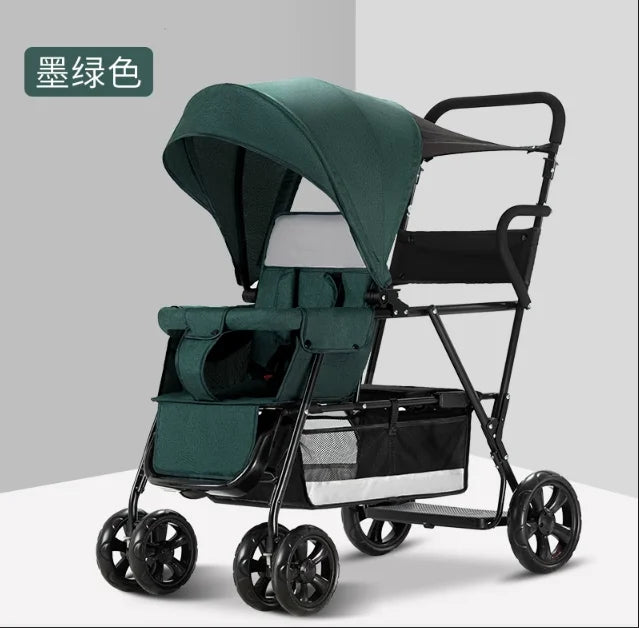 Lightweight Tandem Stroller, Back Seat Can Load 2-5 Ages Kids, Foldable Twins Stroller Can Sit Can Lie Twins Stroller