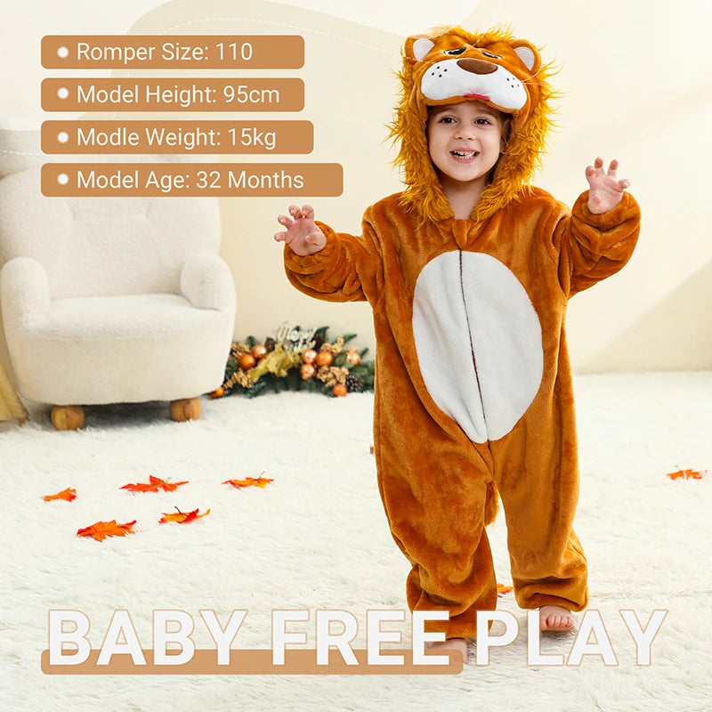 MICHLEY Monkey Lion Capybara Baby Rompers Clothes Hooded Flannel Cosplay Toddler Pajamas Bodysuit Jumpsuit Costume For Kid Boy