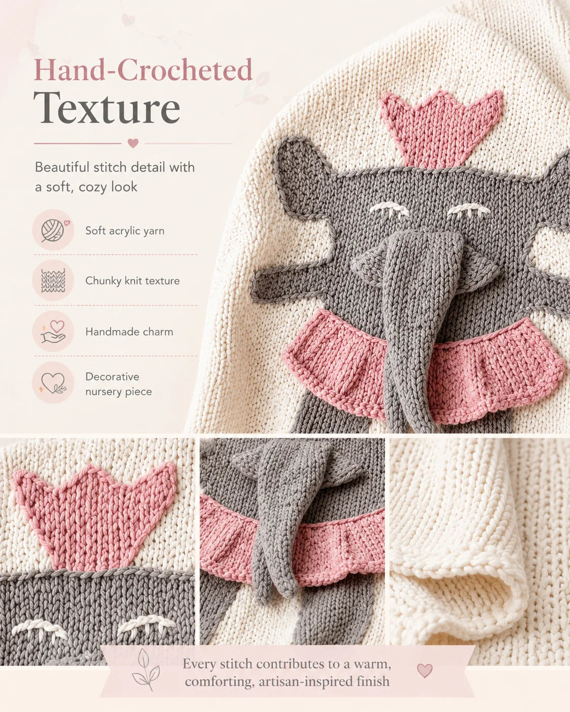 Handmade Elephant Baby Blanket 80x80cm Soft Knitted Nursery Blanket for Newborn Stroller Crib Baby Shower Gift