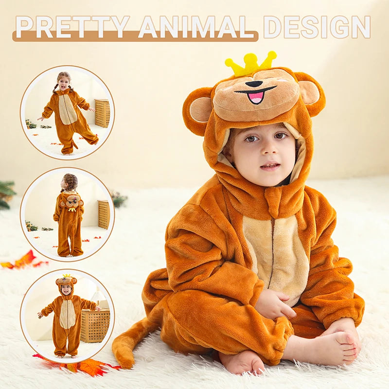 MICHLEY Monkey Lion Capybara Baby Rompers Clothes Hooded Flannel Cosplay Toddler Pajamas Bodysuit Jumpsuit Costume For Kid Boy