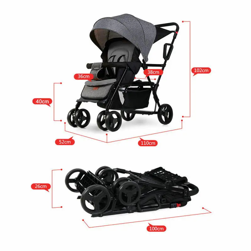 Lightweight Tandem Stroller, Back Seat Can Load 2-5 Ages Kids, Foldable Twins Stroller Can Sit Can Lie Twins Stroller