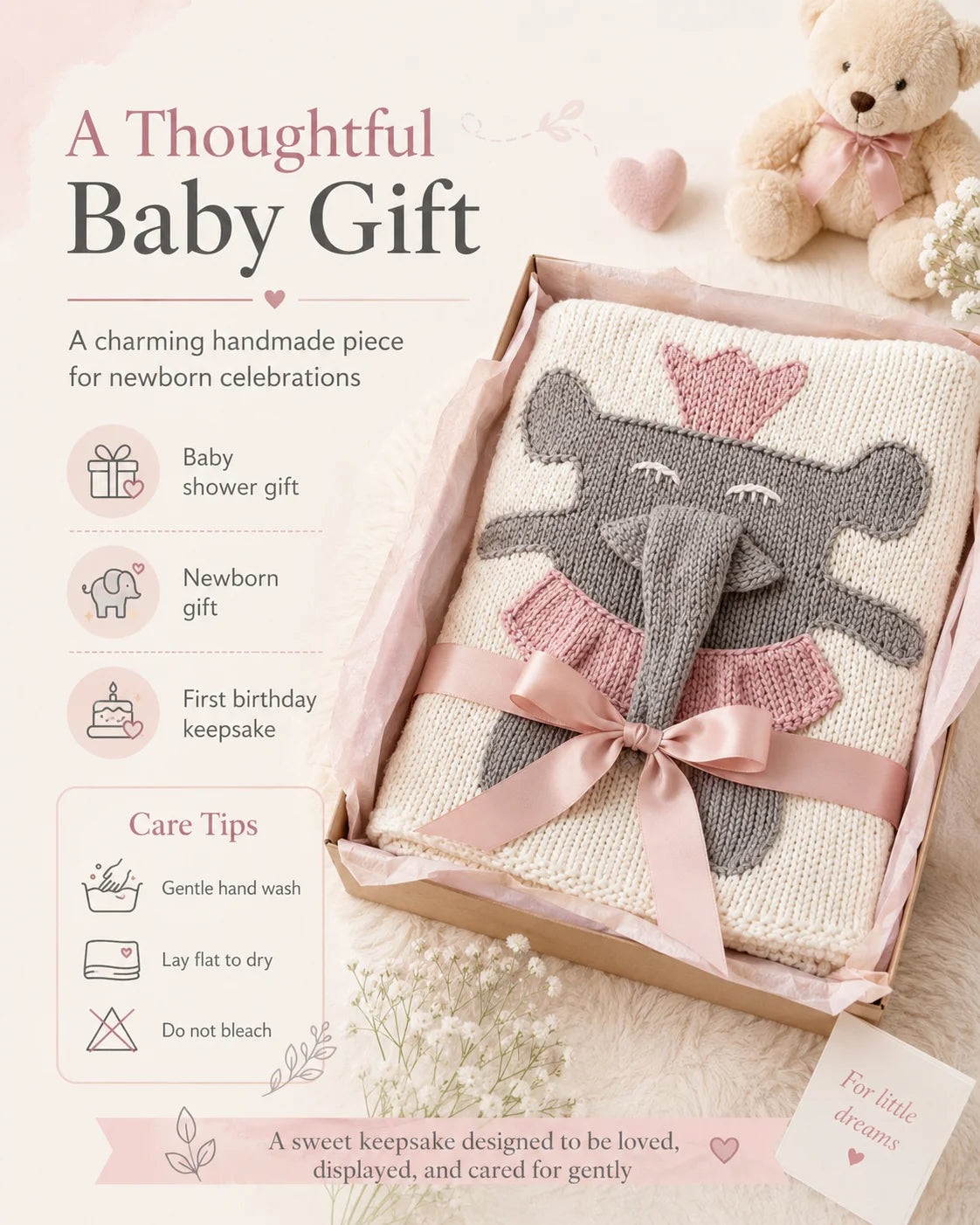 Handmade Elephant Baby Blanket 80x80cm Soft Knitted Nursery Blanket for Newborn Stroller Crib Baby Shower Gift