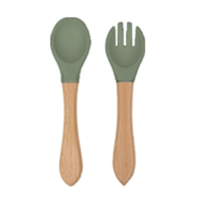 2Pcs Children's Wooden Handle Silicone Fork Spoon Soft and Resistant To Falling Baby Feeding Spoon Set Auxiliary Food Fork Spoon