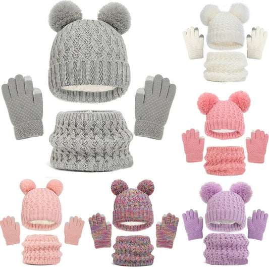 Kids Winter Hat Scarf Gloves Set Girls Knitted Scarf 3pc Set Childs Winter Warm Neck Scarves Beanie Cap For Boy Baby Gloves Suit