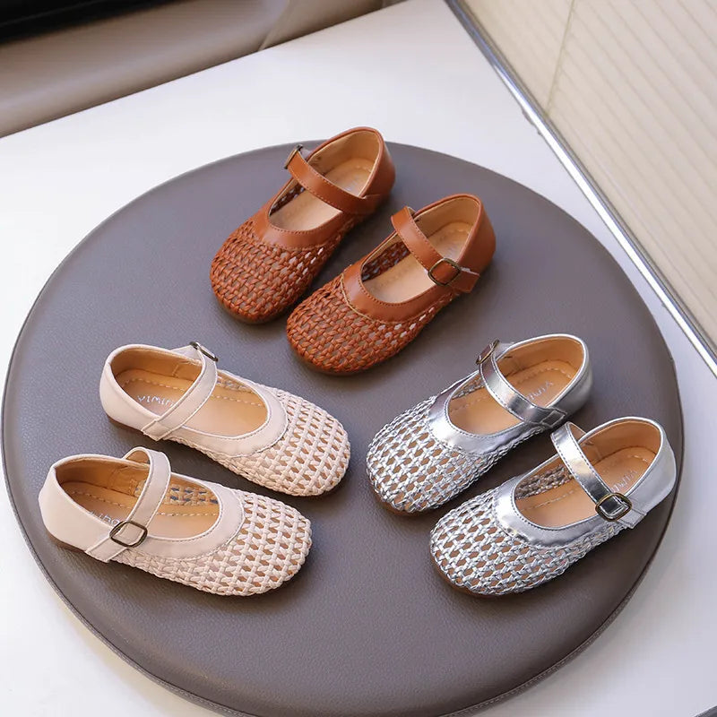Children Flat Shoes Weave Soild Color Fashion Kids Casual Shoes Versatile 2026 Summer New Girls Princess Shoes Hollowed-out