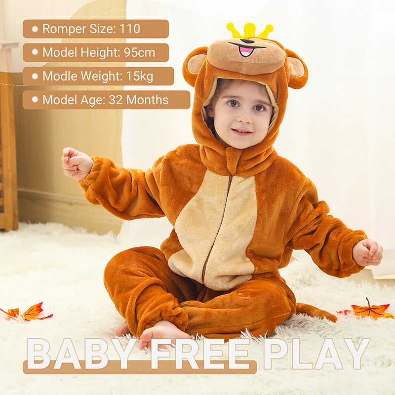 MICHLEY Monkey Lion Capybara Baby Rompers Clothes Hooded Flannel Cosplay Toddler Pajamas Bodysuit Jumpsuit Costume For Kid Boy