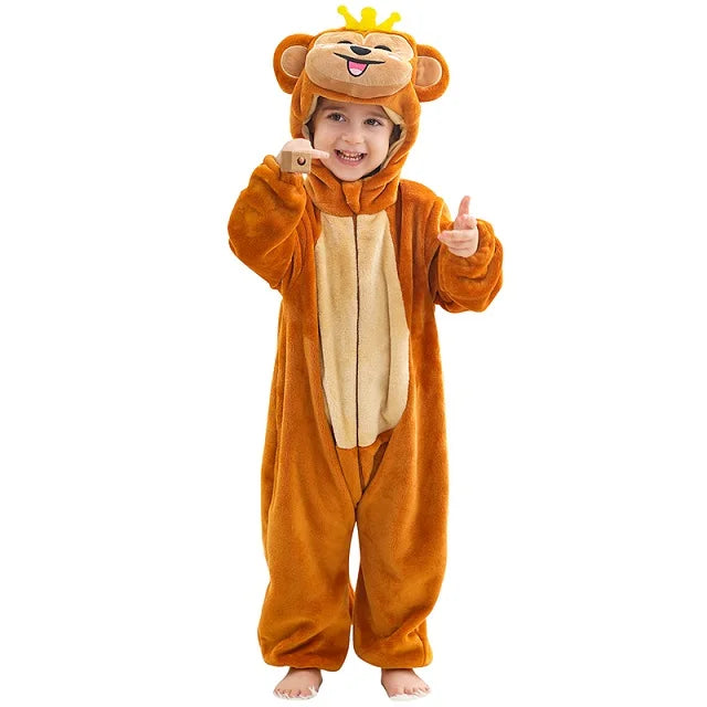 MICHLEY Monkey Lion Capybara Baby Rompers Clothes Hooded Flannel Cosplay Toddler Pajamas Bodysuit Jumpsuit Costume For Kid Boy