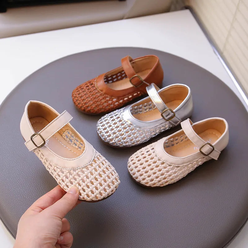 Children Flat Shoes Weave Soild Color Fashion Kids Casual Shoes Versatile 2026 Summer New Girls Princess Shoes Hollowed-out