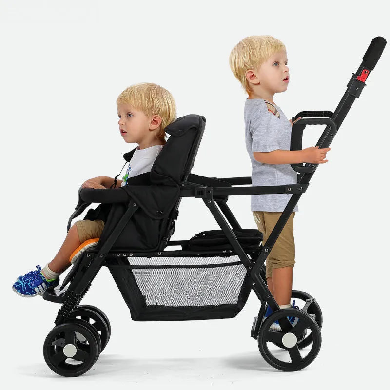 Lightweight Tandem Stroller, Back Seat Can Load 2-5 Ages Kids, Foldable Twins Stroller Can Sit Can Lie Twins Stroller