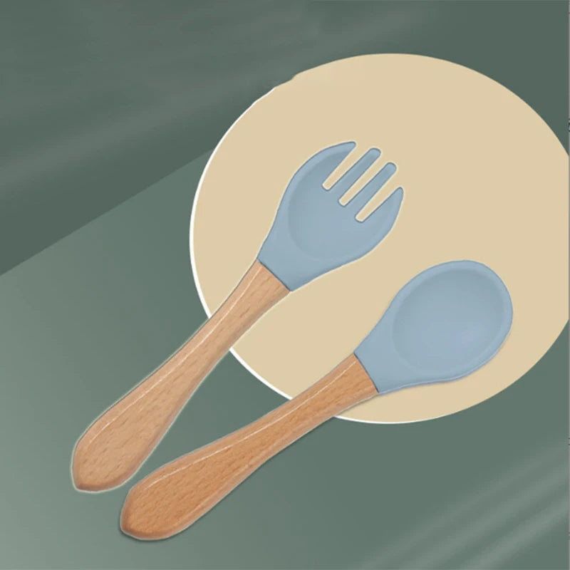 2Pcs Children's Wooden Handle Silicone Fork Spoon Soft and Resistant To Falling Baby Feeding Spoon Set Auxiliary Food Fork Spoon