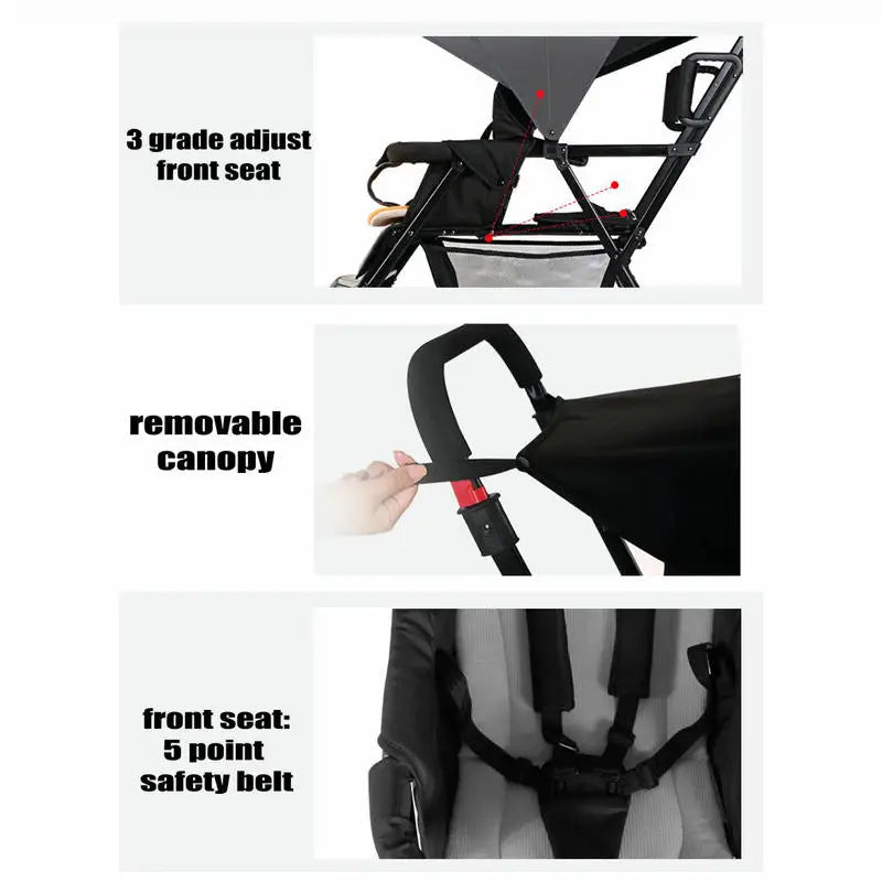 Lightweight Tandem Stroller, Back Seat Can Load 2-5 Ages Kids, Foldable Twins Stroller Can Sit Can Lie Twins Stroller