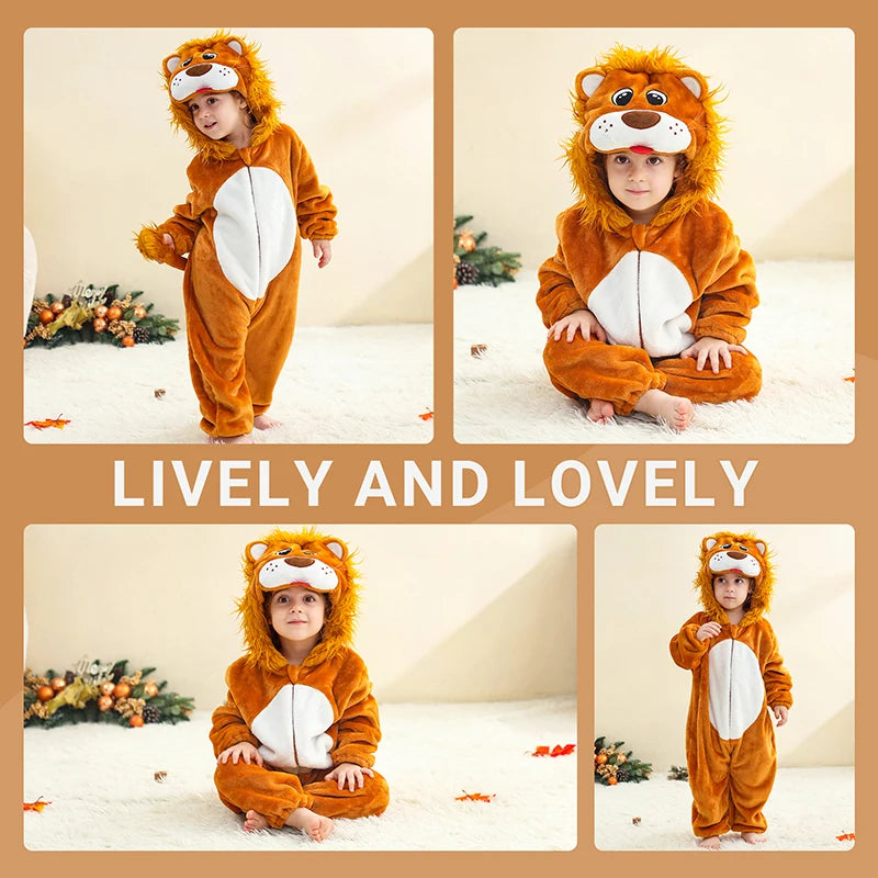 MICHLEY Monkey Lion Capybara Baby Rompers Clothes Hooded Flannel Cosplay Toddler Pajamas Bodysuit Jumpsuit Costume For Kid Boy