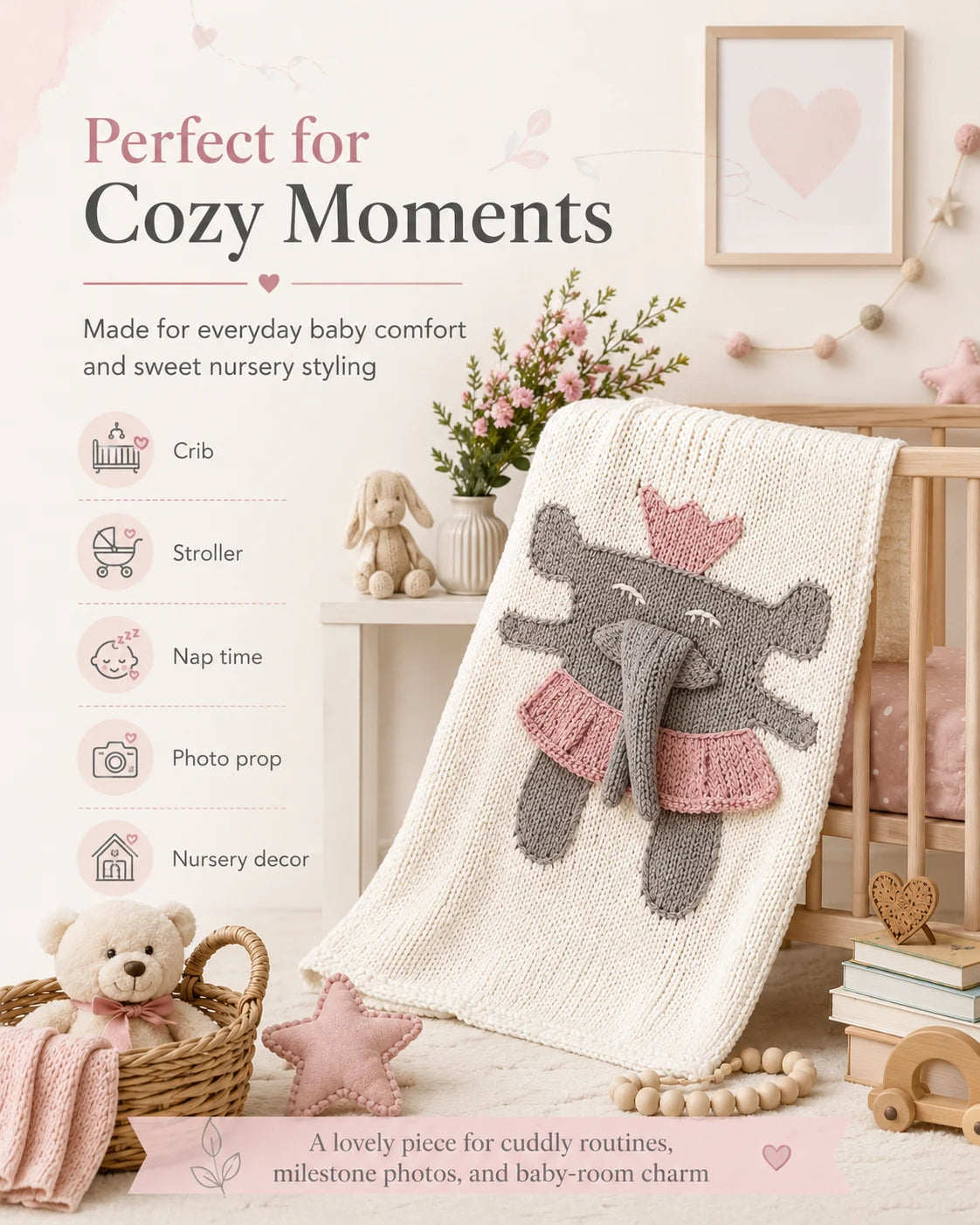 Handmade Elephant Baby Blanket 80x80cm Soft Knitted Nursery Blanket for Newborn Stroller Crib Baby Shower Gift