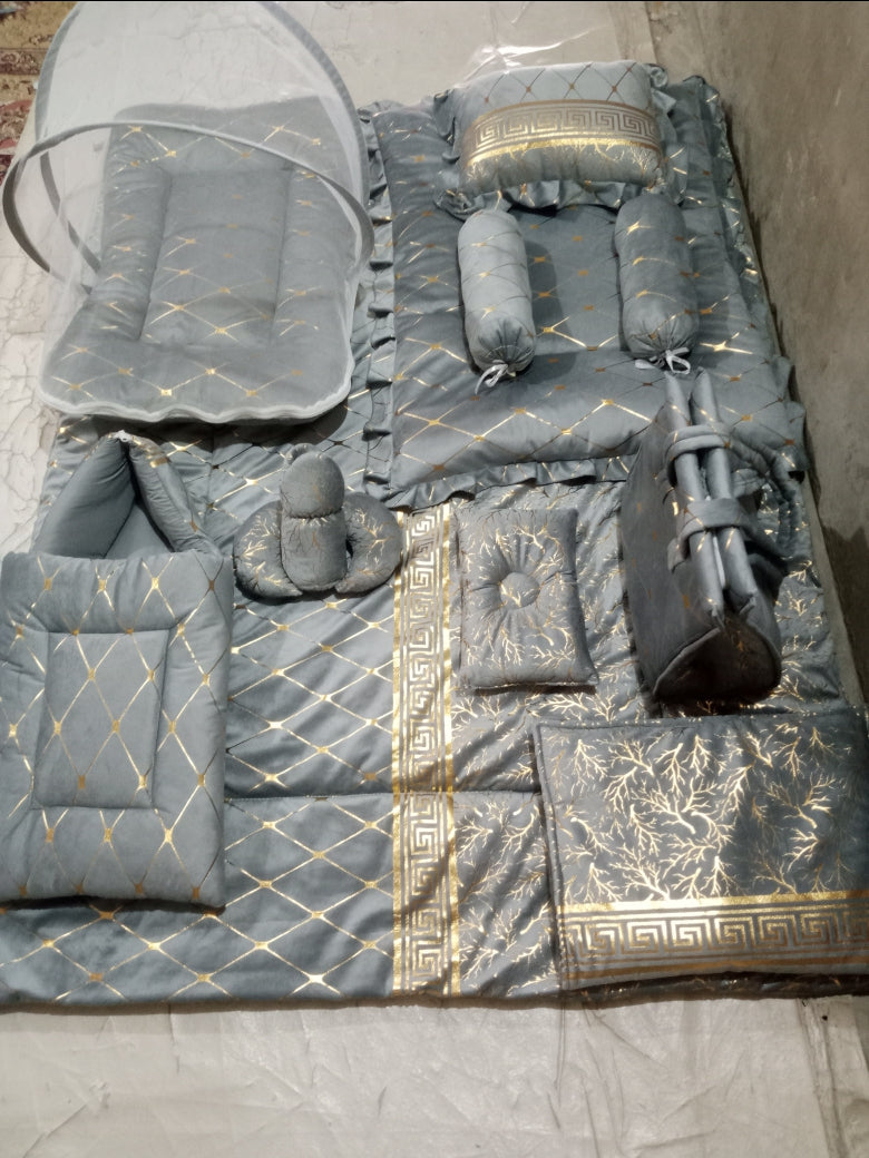 Luxury 12-Piece Velvet Baby Bedding Set with Mosquito Net & Travel Bag – Royal Design